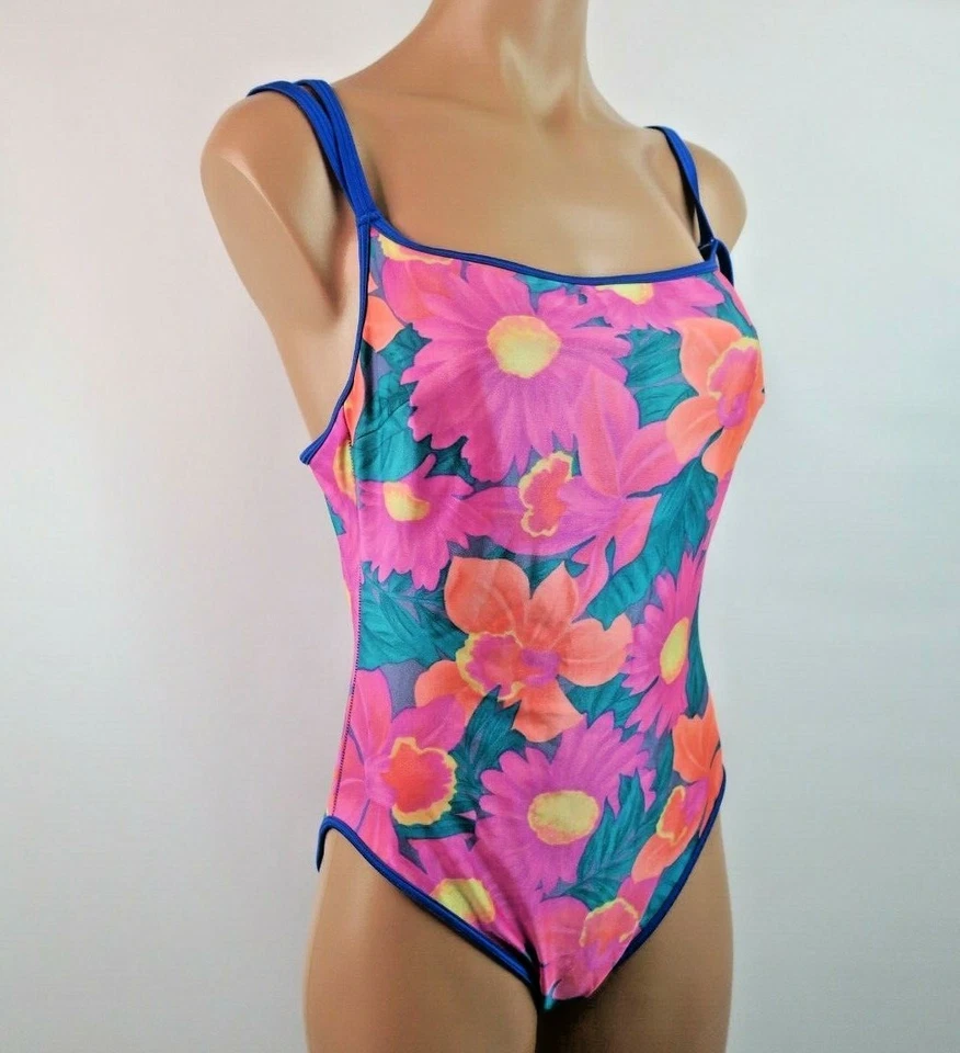 VTG 90s La Blanca One Piece Bathing Suit Neon Floral High Cut USA Swimsuit Sz 14 - Image 3 of 4