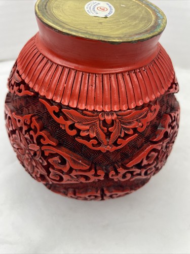 Unique Vintage CINNABAR Ginger Jar w/ Lid Brass Yun Kang-Art Design - Picture 12 of 16