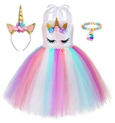 Unicorn Girl Dress for Birthday Outfit Princess Costume Tutu Dress Pink 1 - 2Ys
