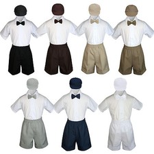 4pc Baby Boy Toddler Formal Shorts Suit Dark Khaki Brown Navy Black Bow Tie S-4T