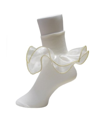 GIRLS BIG FULL RUFFLE SOCKS!!! (Ivory w/ Gold Trim) PAGEANT FANFARE ORGANZA