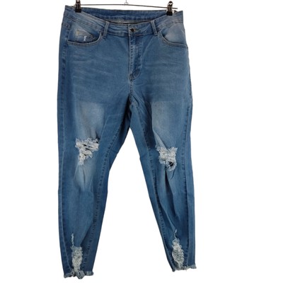 Shein Curve Damen Denim Jeans helle Waschung blau distressed gerades Bein Gr. 2XL