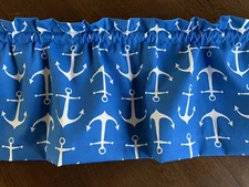 Nautical Beach Coastal Valance in Royal Blue with White Anchors. new handmade