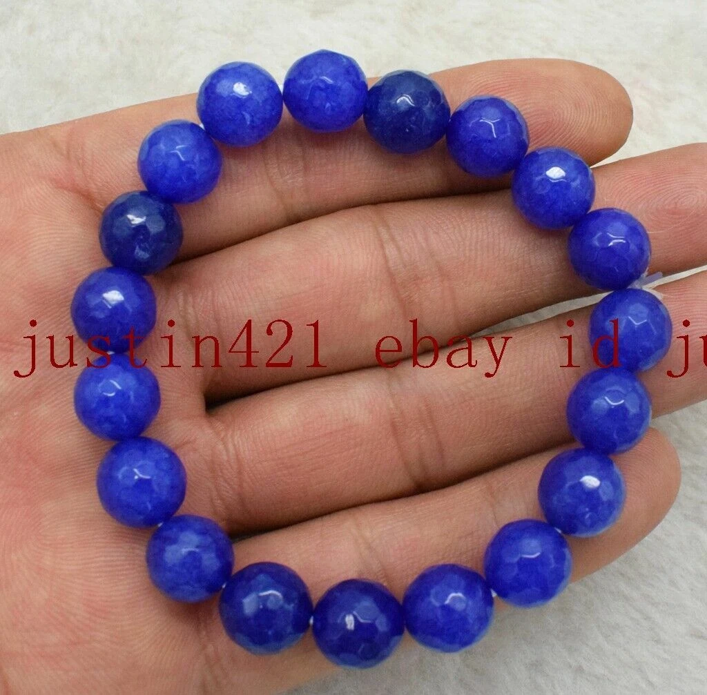 VALENTINO Bracciale Elastico Sfaccettato 12mm Giada Blu Tondo Perline Gemme 7 5''