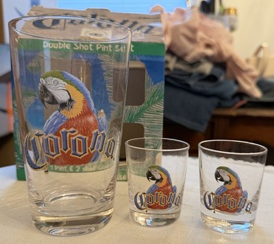 Corona Parrot Double Shot Pint Set (One Pint & Two Shot Glasses) Vintage 2007