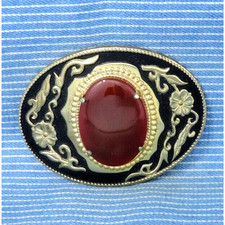 Western Floral Scroll Cowboy Belt Buckle Honey Amber Agate Vtg 80s 90s .TYC880
