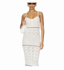 White Crochet Maxi Dress Black Trim Scoop Neck Spaghetti Strap Sleeveless