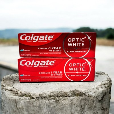 2X Colgate OPTIC WHITE STAIN FIGHTER Toothpaste Fresh Mint Gel, 3.8oz ea X10/27+