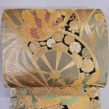 Fukuro Obi Pure Silk Gold Thread Silver Phoenix Chrysanthemum Japan