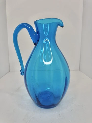 Vintage MCM Blenko Glass 645 Optic Pitcher In Turquoise 10.25” Stunning