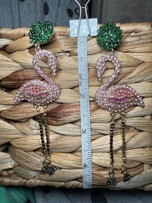 Betsey Johnson Pink Rhinestone Flamingo Dangle Earrings with Green Beaded Studs