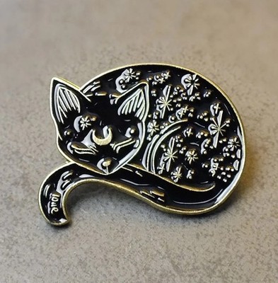 Emaille Pin Katze Astrologie Astronomie - Celestial Cat Mondphase Schmuck Retro