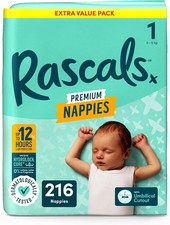 Rascals Premium Nappies丨Size 1丨Total 216 Nappies丨Absorbent丨infant丨overnight Diap 0.13 per nappy