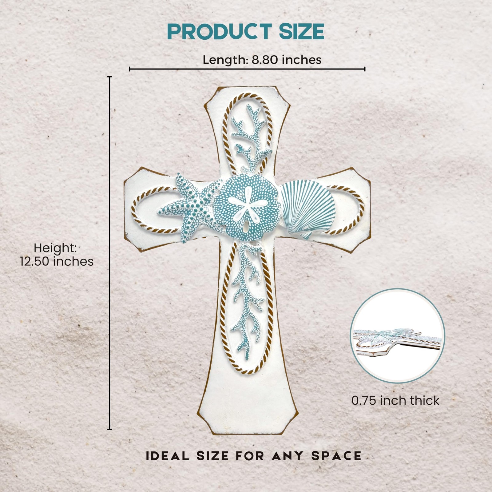 Coastal Nautical Spiritual Wall Cross with Starfish, Coral, and Sea Shell Des...