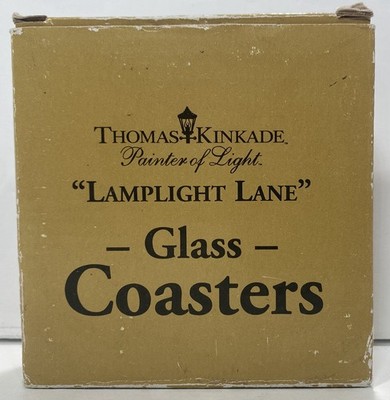 Thomas Kinkade Lamplight Lane Glass Square Coasters New In Sealed Box 649