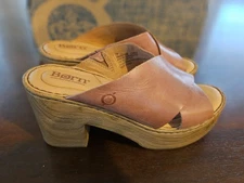 Born Womens Size 7 Pavia Brown Full Leather Heeled Platform Sandals Shoes NIB