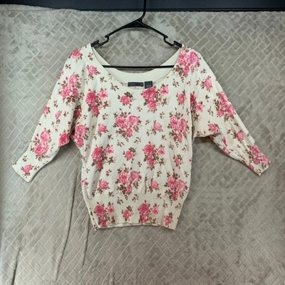 Joyce Leslie Womens L Sweater White Floral Rose Cropped Half Dolman Sleeve