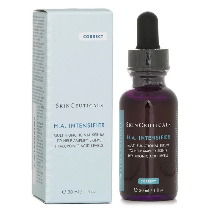 SkinCeuticals H.A. Intensifier bottle with white label, blue cap, hyaluronic acid text, and red “Correct” label.
