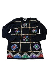 Vtg 80s Sequin Party Sweater Women  s M Black Geometric Embellished New Year