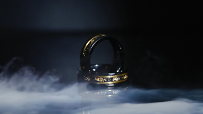 Meteorite & Gold Leaf Hammered Black Tungsten Mens Wedding Ring