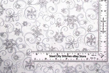 Christmas Snowflakes Fabric Silver Glitter on White Cotton Traditions By Yard