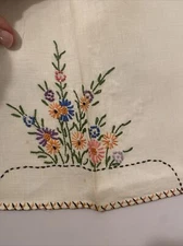 Vintage Floral Tablecloth  Embroidered-Appliquéd 43x38 Crisp Linen Cottagecore