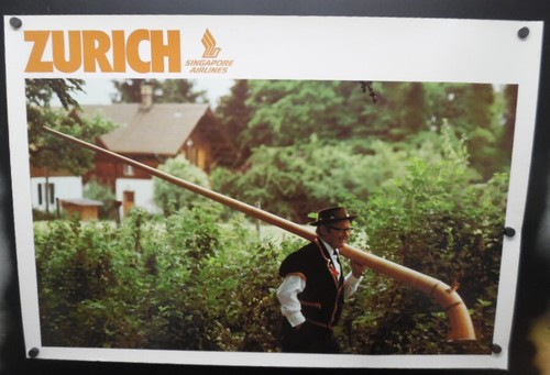 c.1980s Singapore Airlines Zurich Switzerland Travel Poster Vintage Original 