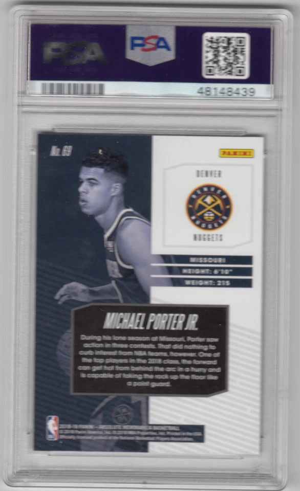 PSA 9  Michael Porter Jr RC ▪ 2018-19 Absolute  Base Encased Rookie #69  Nuggets - Image 2 of 2