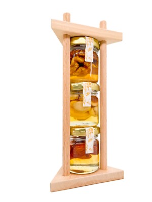 FOODOKO FINEST - Honig Geschenk Set mit Nüssen und Holzgestell 3x40gr