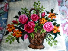 PAIR OF NEEDLEPOINT SMALL PILLOW COVERS-BASKETS OF FLOWERS-ZIP