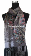 Handmade Beaded Butterfly 100 Silk Velvet Scarf Shawl, Gray