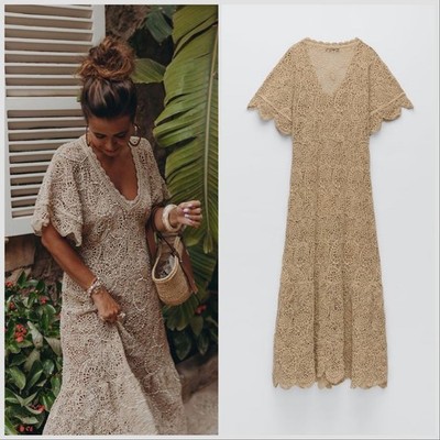 ZARA Woman Limited Edition Gold Camel Color Crochet Dress w/ Beadings