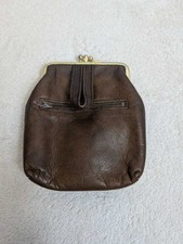 Vintage Brown Leather Coin Purse Kiss Clasp Frame Wallet Pouch