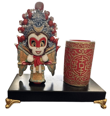Monkey King Statue On Footed Stand W/Red Cup Sun Wukong Mud People Buddhist