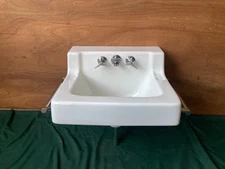 Vtg Mid Century 19x17 White Ceramic Bath Wall Sink Chrome Towel Bars  451-A25E