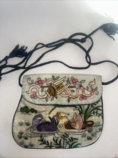 Vintage Chinese Silk Embroidered Purse Gold Birds Zippered Snap Close 6.25x5.25  