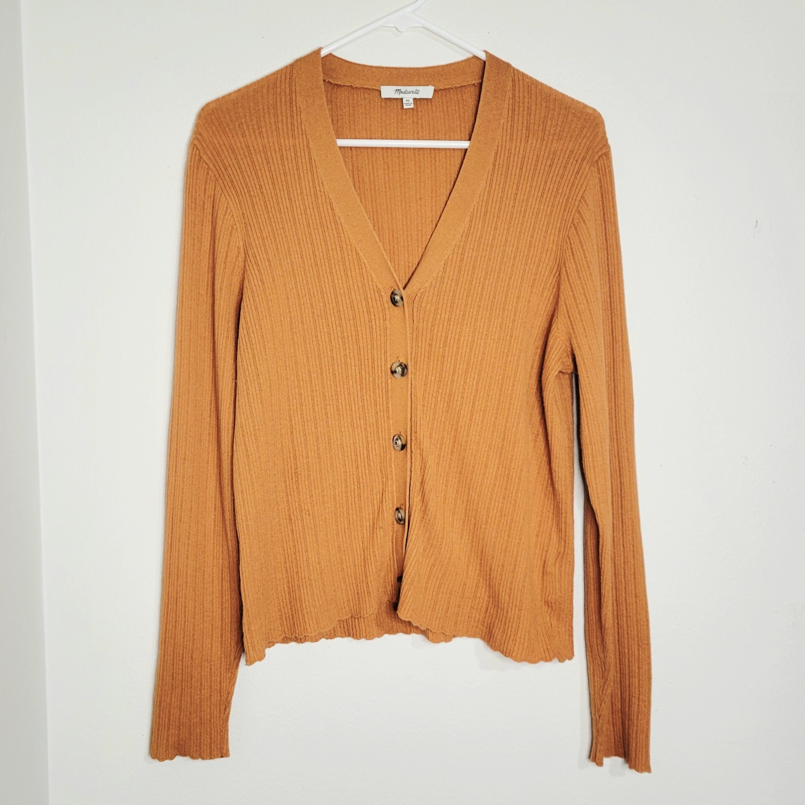 Madewell Pointelle Orange Ribbed Wool Blend Button Front Cardigan. Size XL
