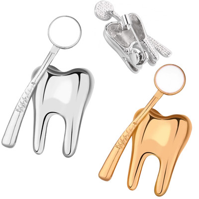 Zahnarzt Zahnnadel Anstecker Dental Zähne Brosche Spiegel 3D Revers Kieferorthopäde Gold