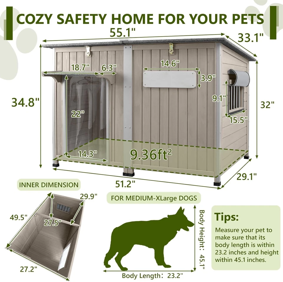PETSCOSSET 55"L Large Dog House for Outdoor with Adjustable Vent Window, Gray - Image 2 of 4