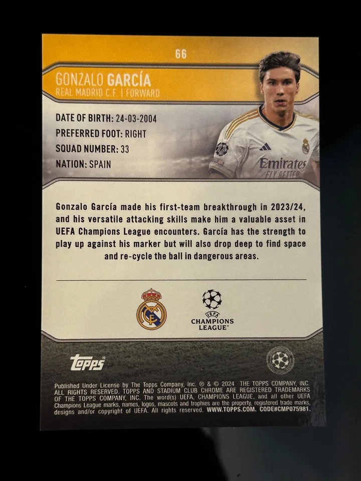 ️🔥2024 TOPPS CHROME ROOKIE GONZALO GARCIA BLACK/10 REAL MADRID MEMBERS VIP 🔥 - Photo 3/4