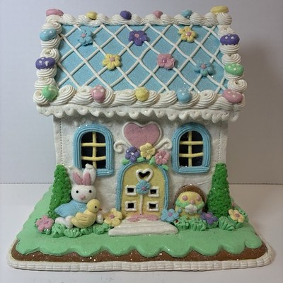 Easter White Gingerbread House Bunny Glitter Illuminated Clay Light Village