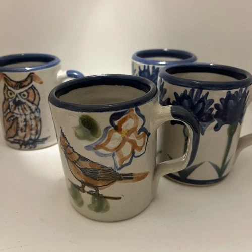 4 Vintage LOUISVILLE STONEWARE POTTERY Kentucky COFFEE CUPS Owl, Bird, Flowers