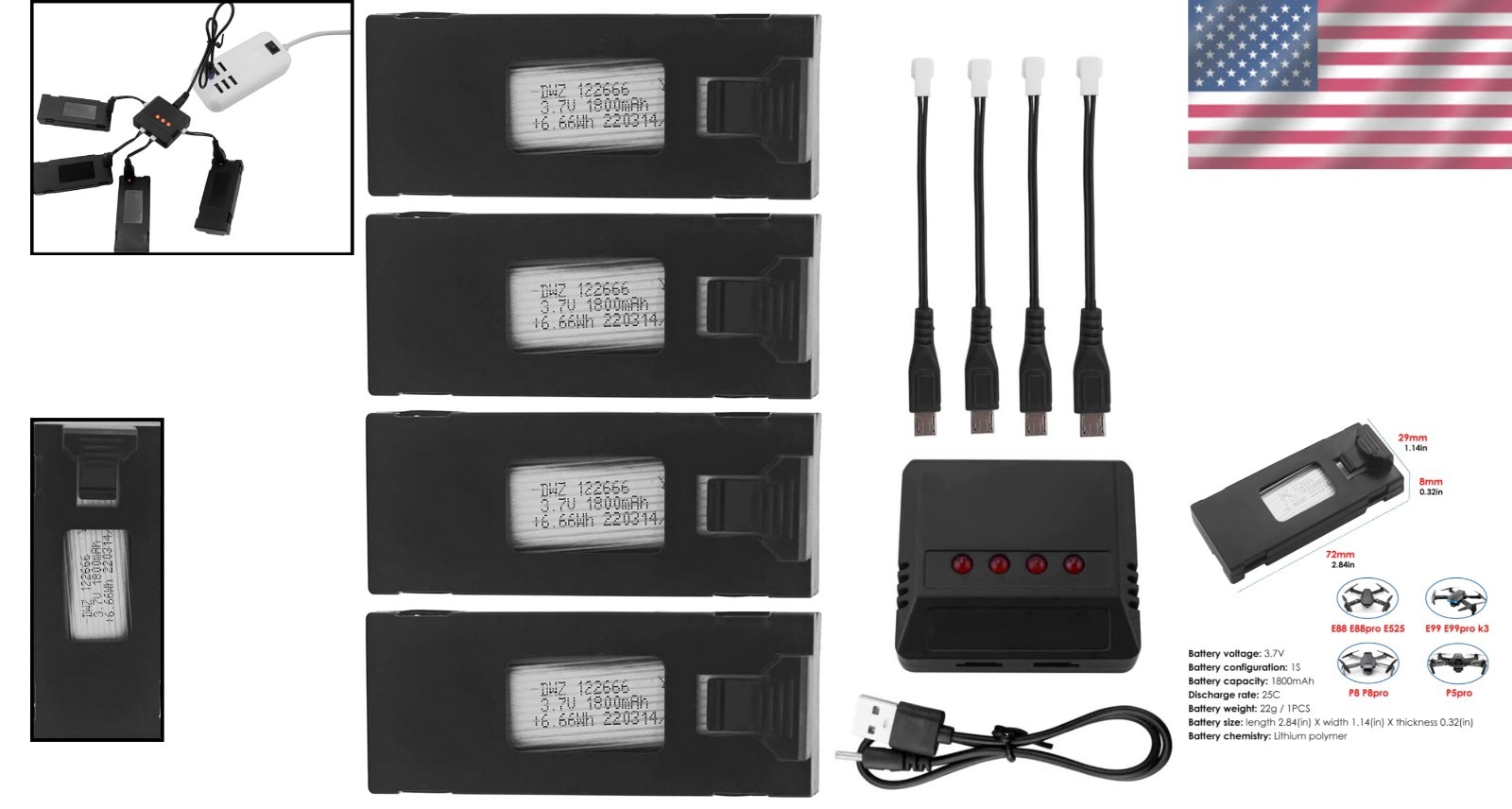 Rechargeable 3.7V Li-Po Batteries with Charger for Enhanced Drone Adventures