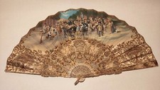Victorian Hand Fan w/carved Bone Sticks  Handpainted Satin