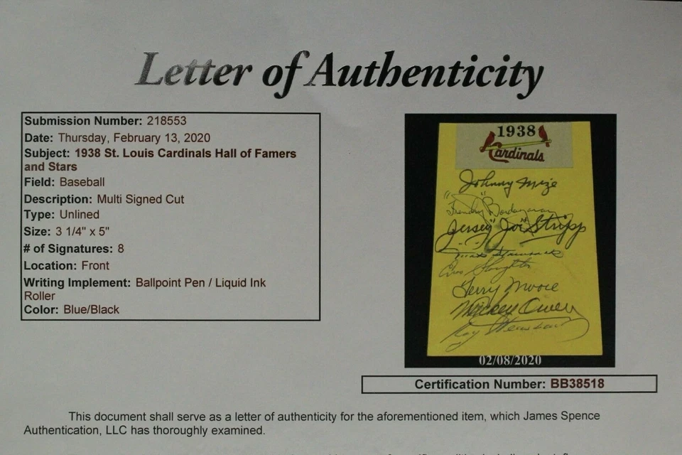 1938 St Louis Cardinals Autographs Multi Signed SLAUGHTER MIZE STRIPP OWEN JSA - Image 4 of 4