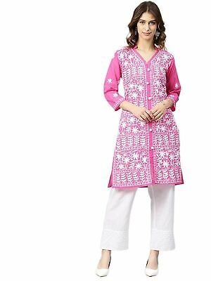 Women pure cotton Lucknowi handmade Chikankari Kurti Pink free shipping
