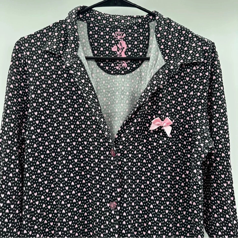 Betsey Johnson Black & Pink Heart Print 3/4 Sleeve Button Down Sleep Dress Sz M - Image 2 of 4