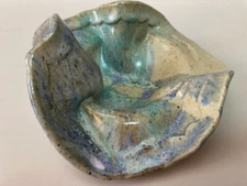 MCM Antonia Campi Style Art Pottery 6.25" Ruffled Dish, Colorful Irredescent