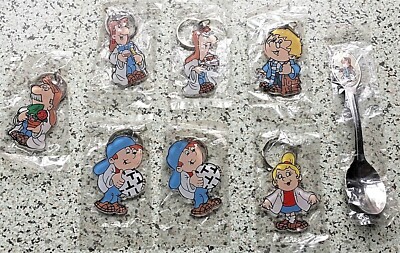 Tetley Tea Folk Sammlerstück Set 7 Schlüsselanhänger & 1 Teelöffel - alle neu & versiegelt