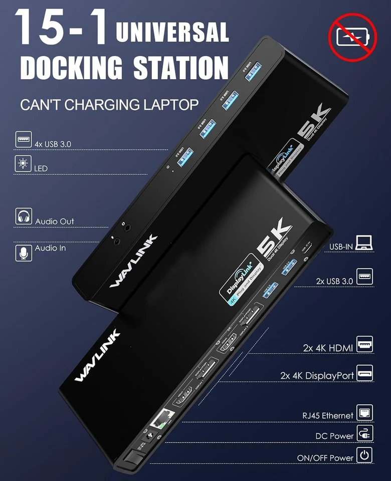 WAVLINK USB 3.0 Universal Laptop Docking Station,USB C to 5K/ Dual 4K @60Hz - Image 2 of 4
